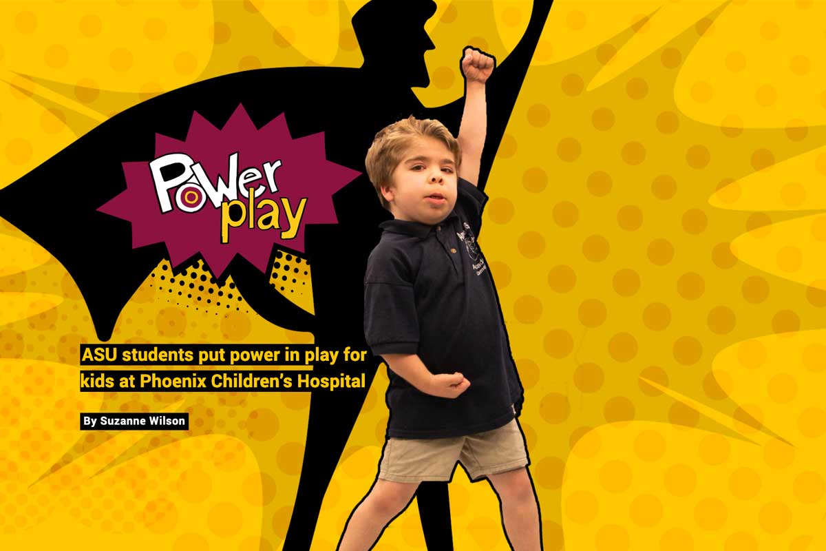 Power Play text - with young boy standing in super hero pose